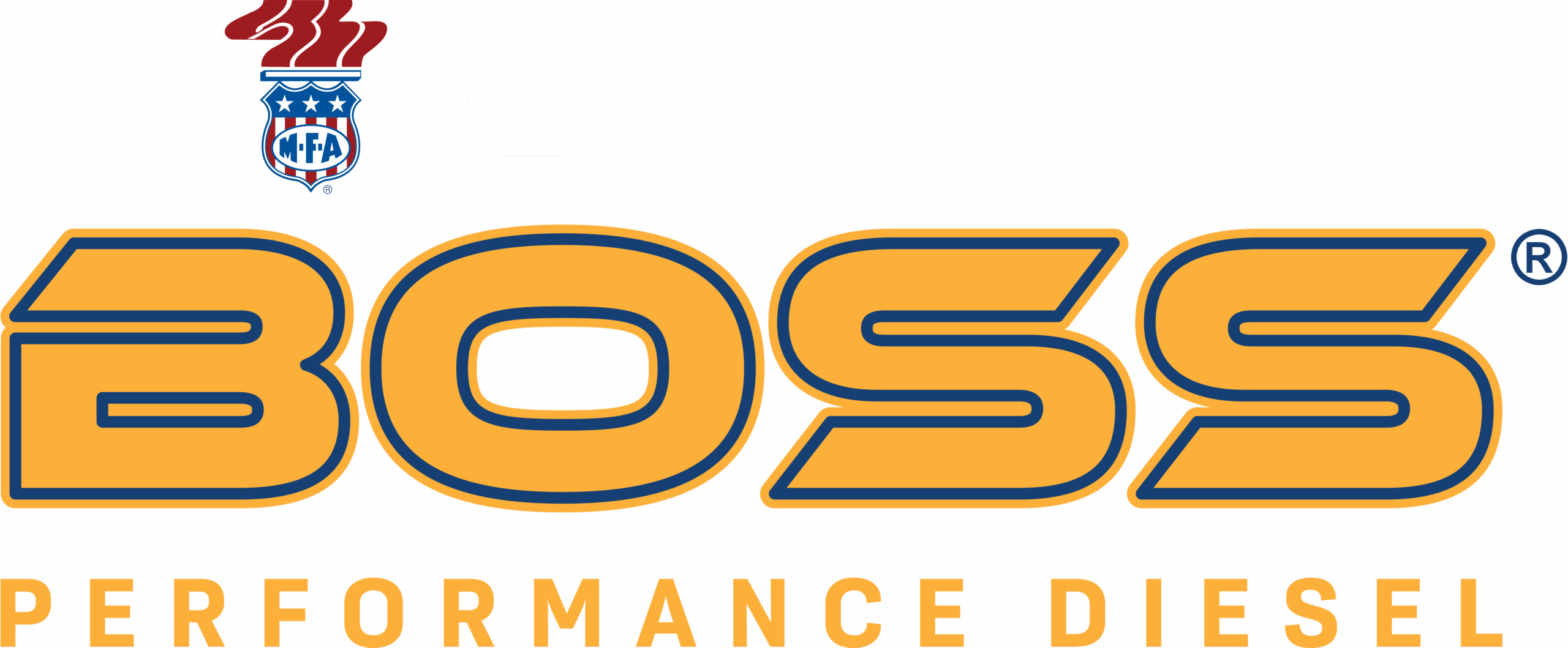 Logo with the text “MFA Oil” at the top left, featuring a blue and white shield and red flame, and large orange “BOSS” letters below, with “Performance Diesel” in orange at the bottom on a yellow background.